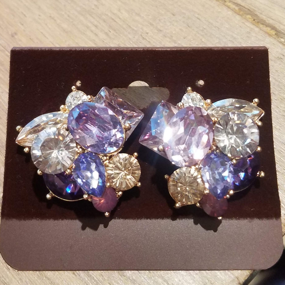 Purple and Gold tone stone cluster earrings